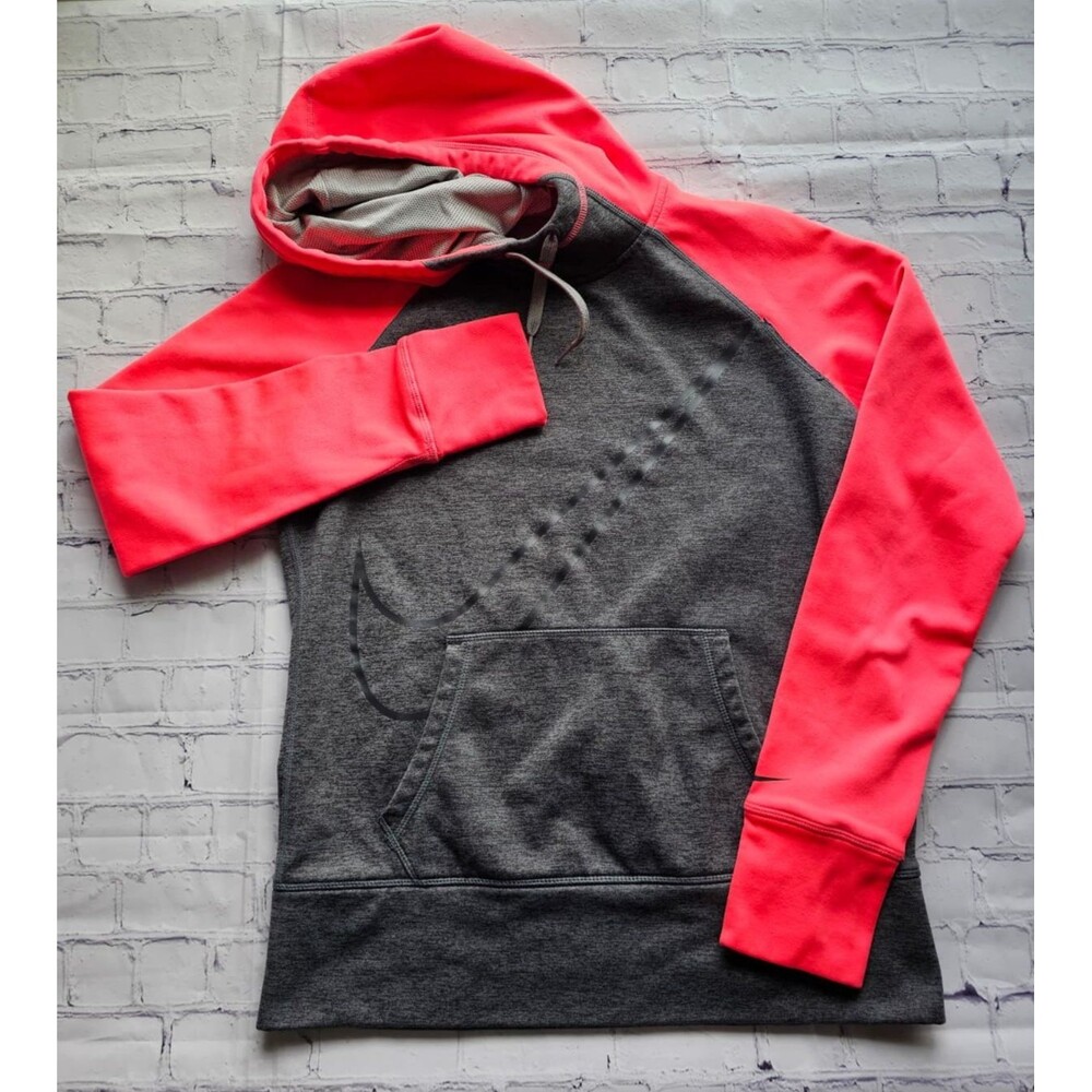 Nike Therma-Fit Hoodie Men's Medium‎ Gray Red Pullover Sweatshirt Pre-Owned
